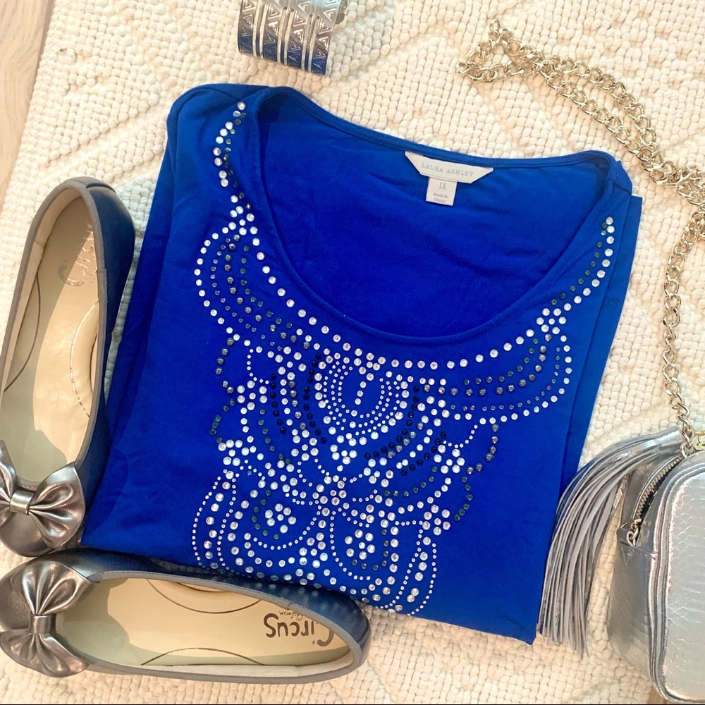 Laura Ashley Royal Blue Bedazzled 3/4 Sleeve Blouse